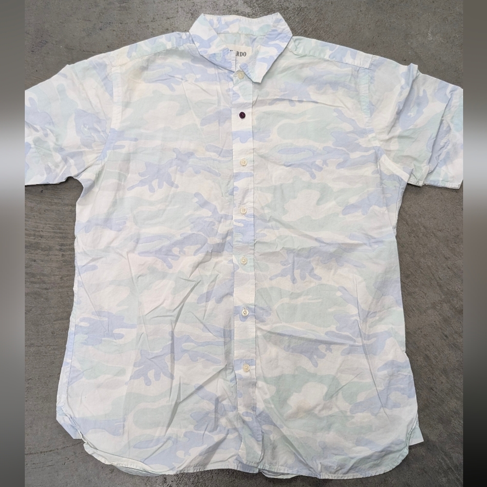 Kardo Blue Camo Casual Short Sleeve Button Down Shirt, Small - Picture 2 of 16